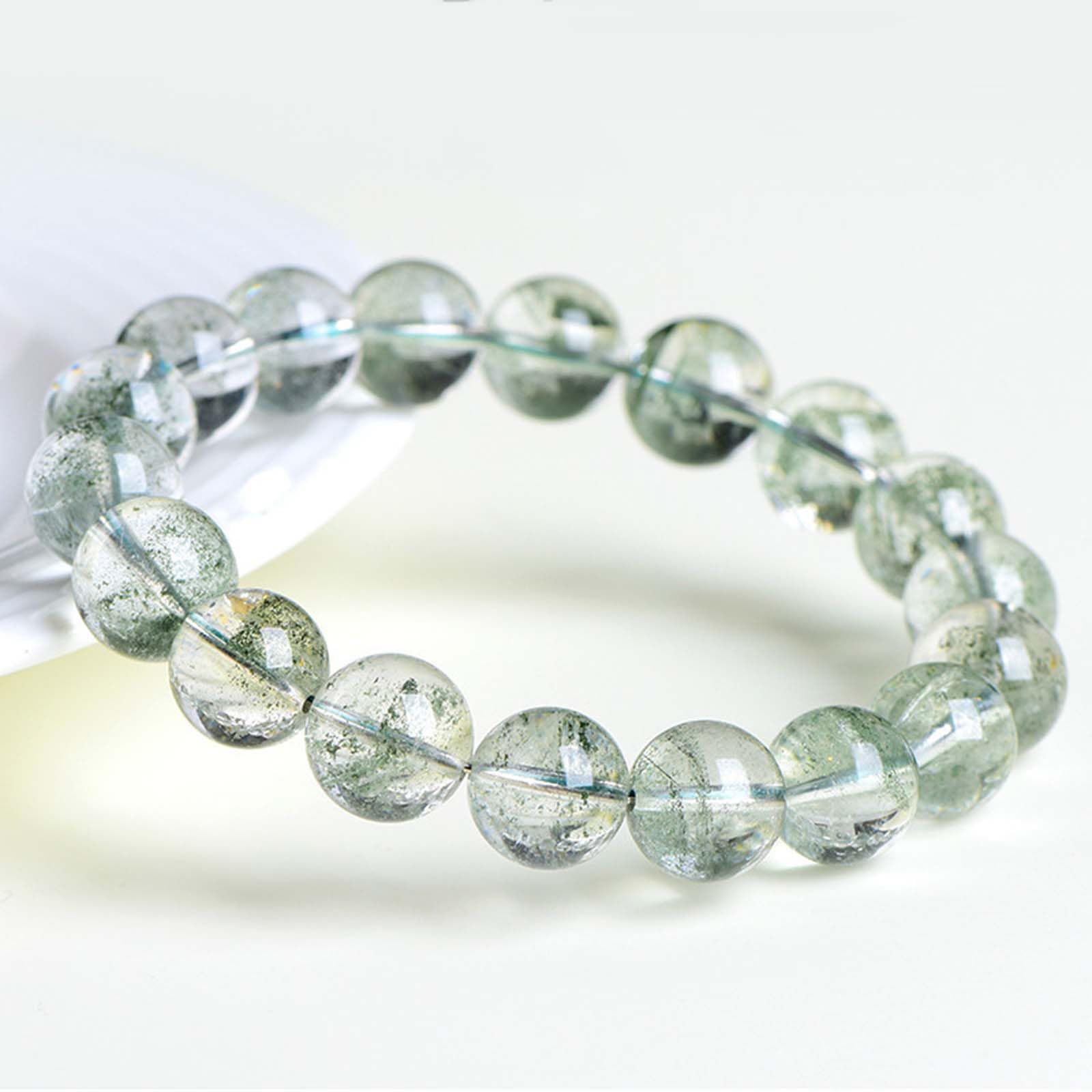 Bracciale con Perline Rotonde in Cristallo di Quarzo Verde Fantasma