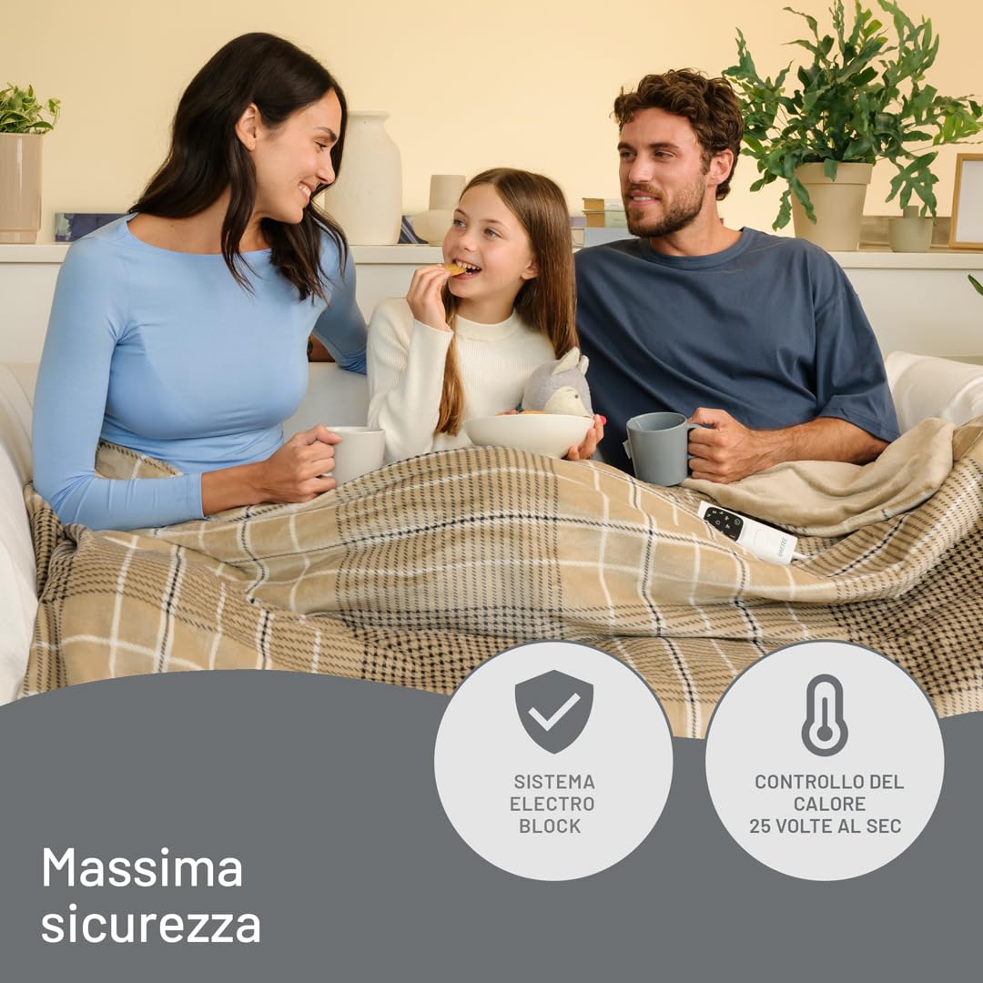 Imetec CaldoPlaid Elegance, Plaid Riscaldabile, Morbida Coperta Elettrica, 180x140 cm, Tessuto Double Face, Risparmio Energetico, Tecnologia Adapto, Rapido Riscaldamento, 6 Temperature, Lavabile