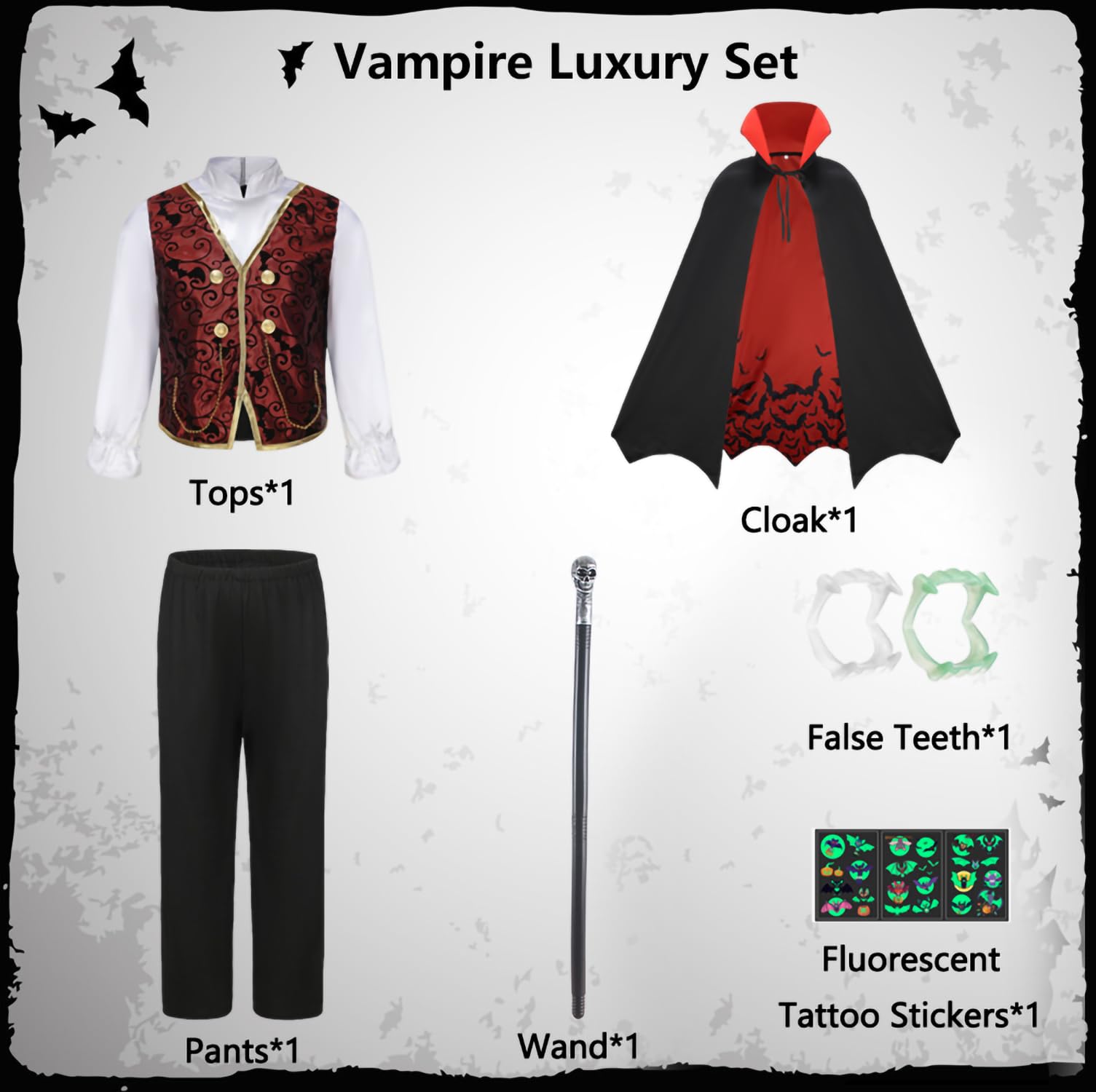 Costume de vampire pour enfant, garçon, gothique, royal, médiéval, gothique, pour carnaval, fête d'anniversaire, avec accessoires de luxe, canne de vampire, phosphorescente dans le noir,