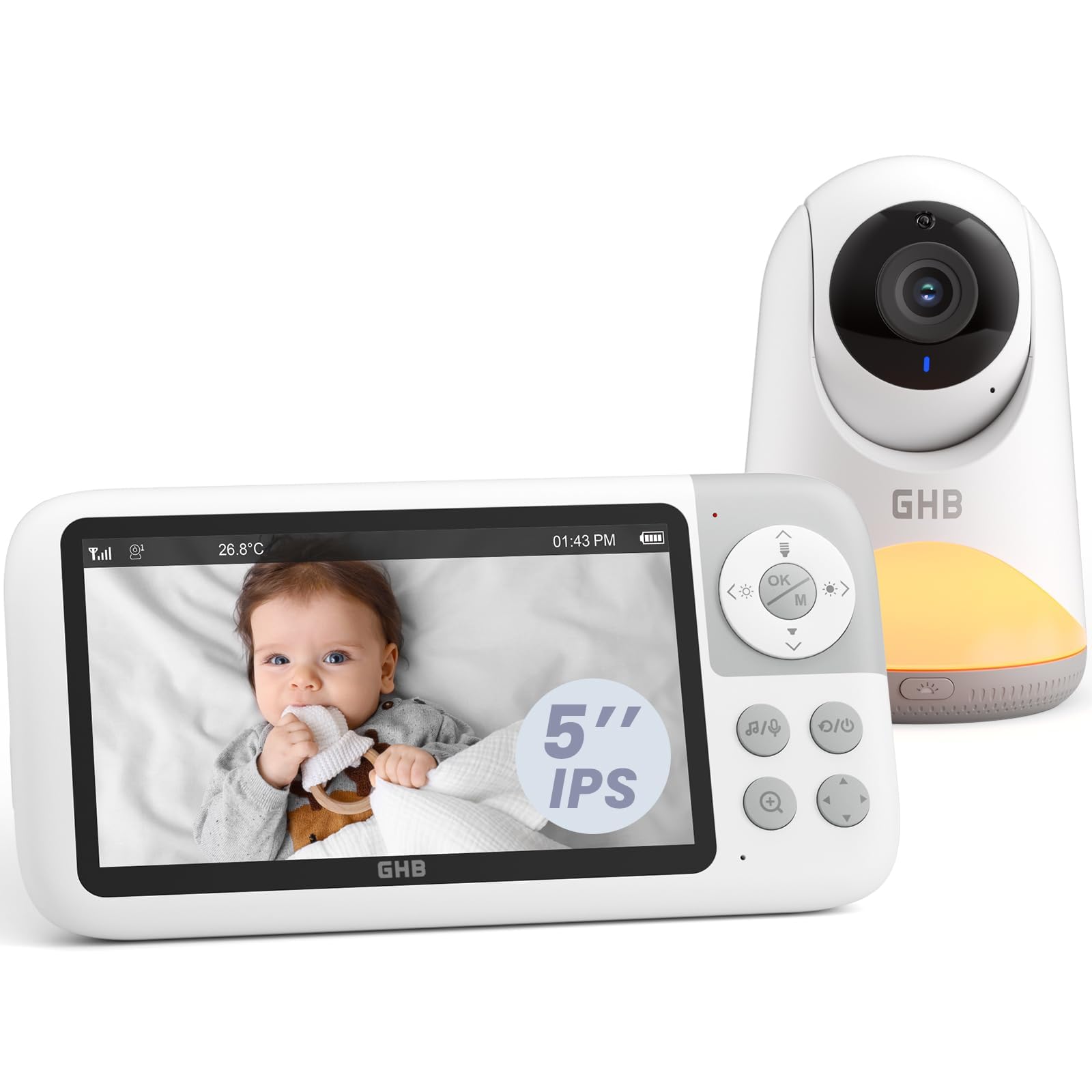 GHB Moniteur bébé avec caméra et vision nocturne Pan-Tilt Zoom 5 pouces 720p IPS Écran 2 voies VoX, température ambiante, berceuses