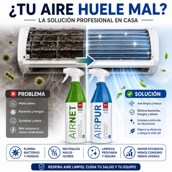 Bilake Pack AIRNET + AIRPUR – Limpiador de Aire Acondicionado. Elimina Bacterias, Hongos y Malos Olores. Limpieza Profunda Split, Filtros y Evaporador. Spray 750ml (1 AIRNET + 1 AIRPUR)