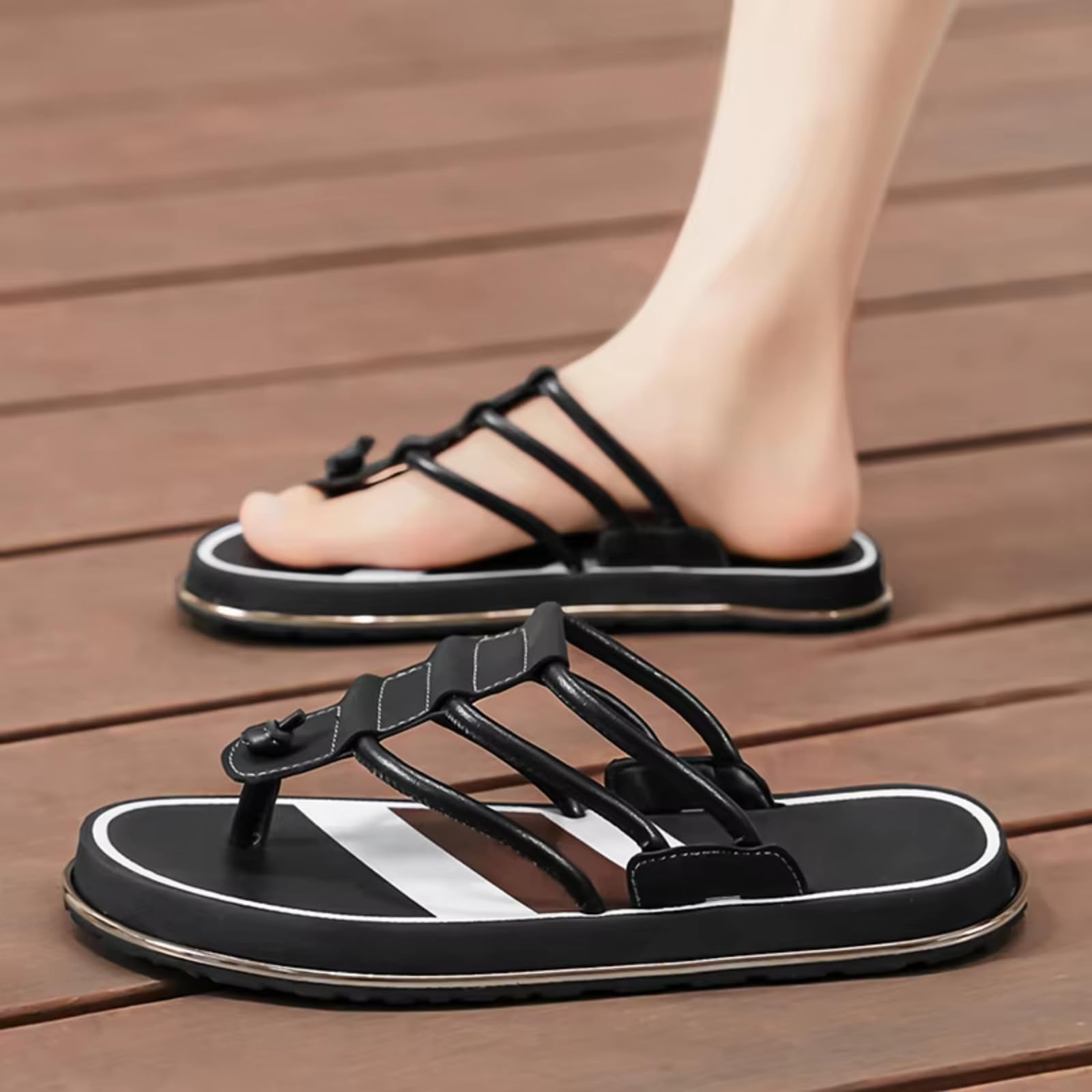 Chanclas De Playa Hombre Sandalias Cuero Tanga Los Hombres, Plantilla Goma Eva Suave Plana Antideslizante para El Verano Al Aire Libre-black-38