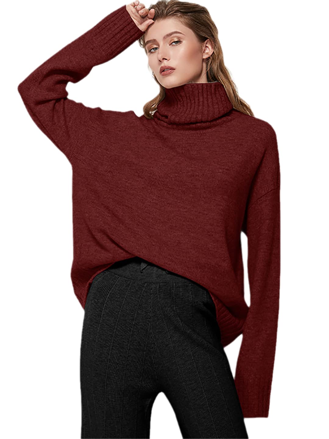 Jesień Zima Kobiety Dzianinowy Golf Wełniany Sweter Casual Basic Pullover (Czerwony Jeden Rozmiar)