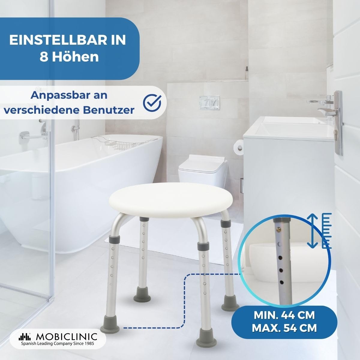 Mobiclinic®, Duschhocker, Höhenverstellbar, Duschstuhl für Senioren, rutschfeste Hülsen, Badestuhl für Menschen mit Eingeschränkter Mobilität, Bis 100 kg, Aluminium und PVC, Leicht, Stabil, Faro