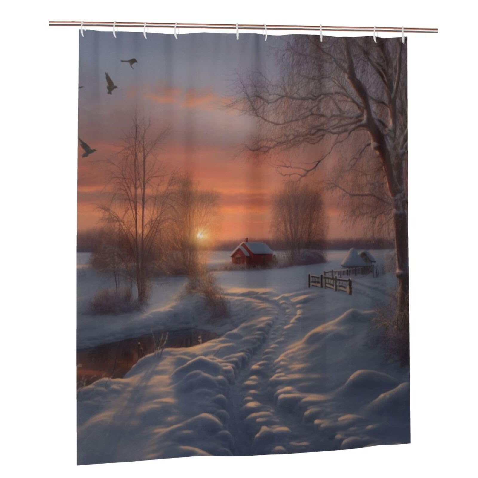 BWWHCCTI Winter Sunset Printed Shower Curtain With 12 Plastic Hooks Opaque Quick Drying Waterproof Shower Curtains Sets For Bathroom 152x183 Cm