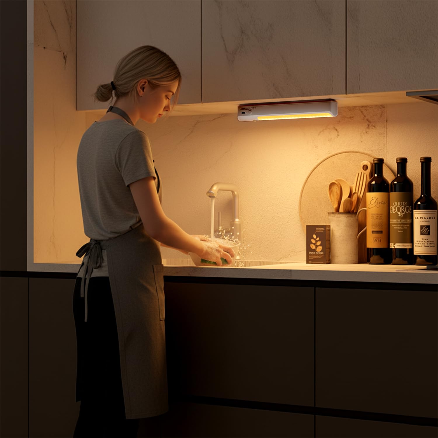 Iluminación LED para gabinete, luz cálida de 8.66 pulgadas, sensor inteligente sin perforaciones, luces recargables para armario, cocina, escalera (6 piezas)