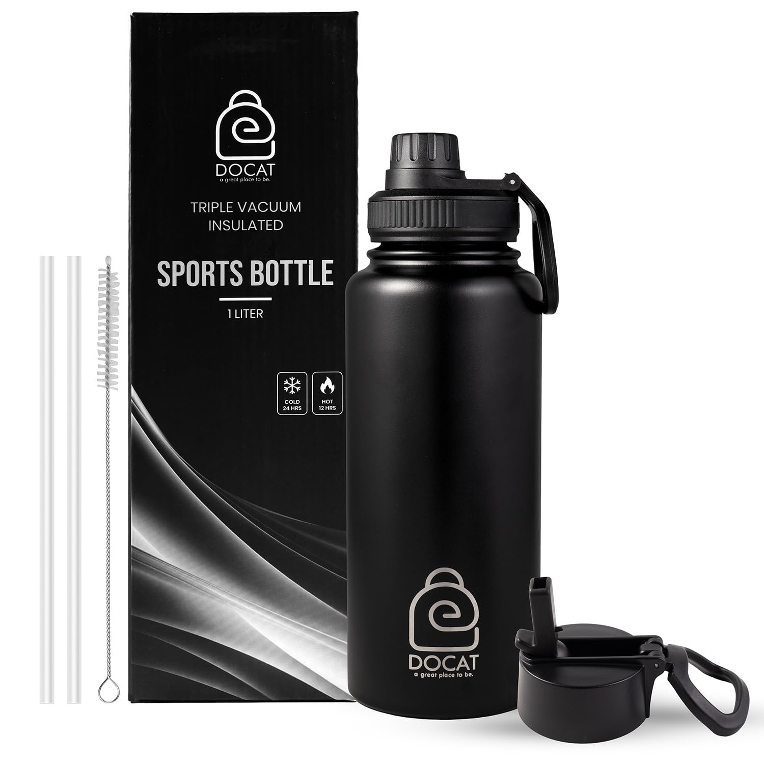 DOCAT Insulated Water Bottle 1 Litre, Stainless Steel Sipper Water Bottle, Leak Proof Lid, Hot and Cold Thermosteel Bottles for Travel, Home, Office, School, Gym, Adults (Black Knight,1L)