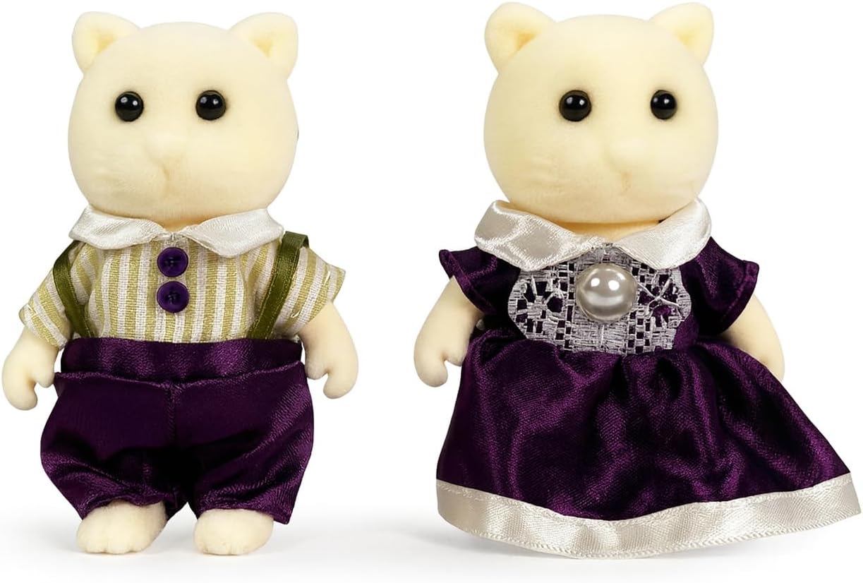 Family Cream Cat Figures — Set of 2 Collectible Flocked Mini Dolls with Removable Clothes, Miniature Dollhouse Pretend Play Figures for Kids Ages 3+