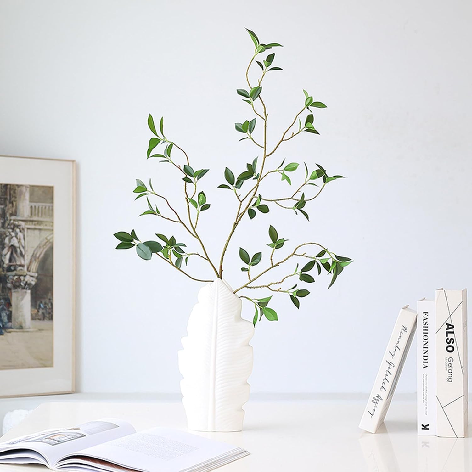 White Ceramic Vases Palm Leaf Shaped Flower Vase Matte Minimalist Style Decorative Bud Vases for Table Centerpieces Floor Bouquet Decor(L)