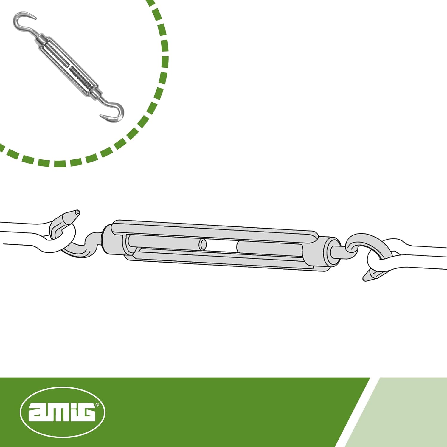 Amig - Double Hook Tensioner with Threaded Body Mod.30120 Stainless Steel - Suitable for Tensioning Metal Cables or Wires, Awnings, Tarpaulins or Candles - Size: Screw M5 x 70mm.