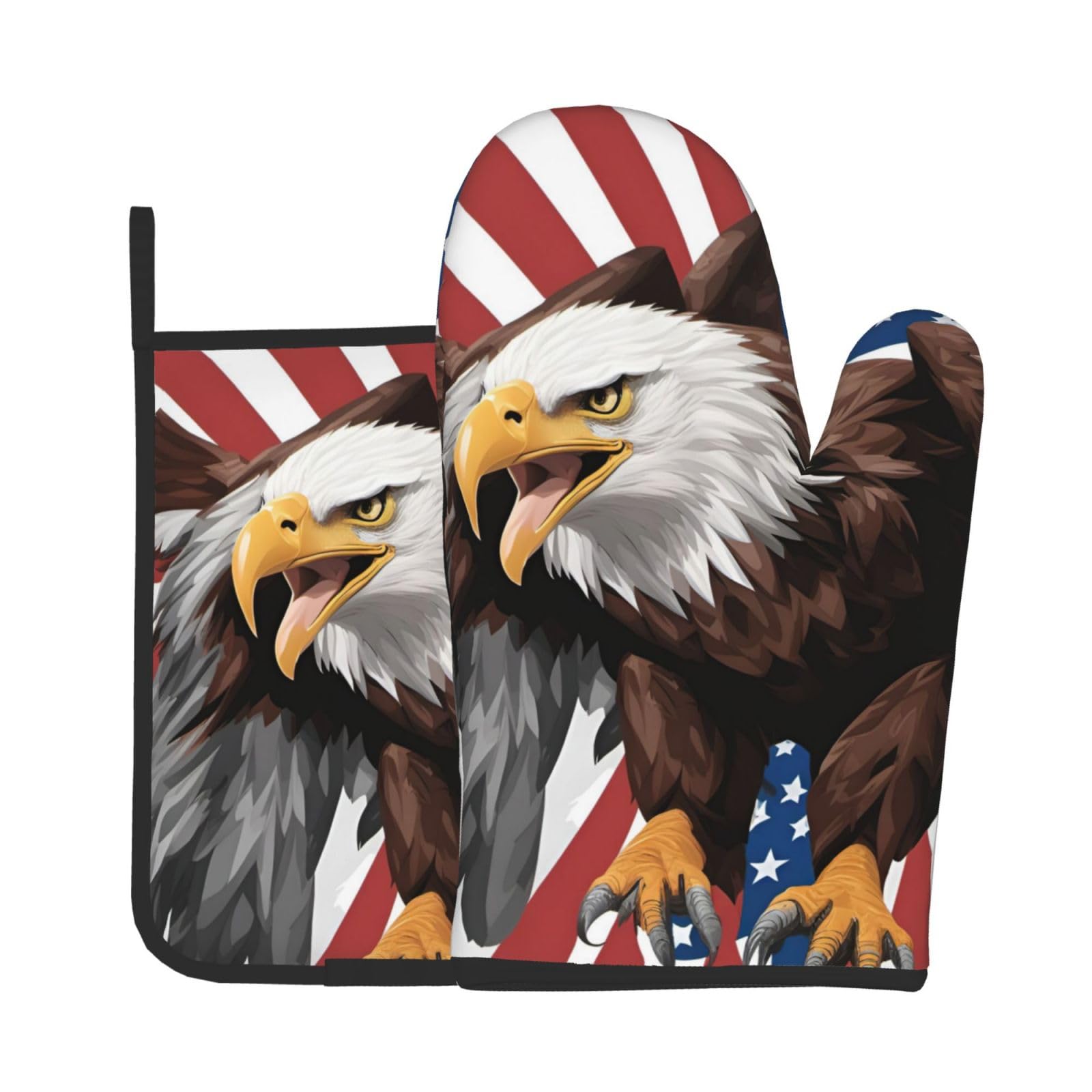 Eagle with USA Flag Kitchen Baking Two-Piece Set,Multipurpose Oven Gloves,Used for Barbecue Kitchen Baking