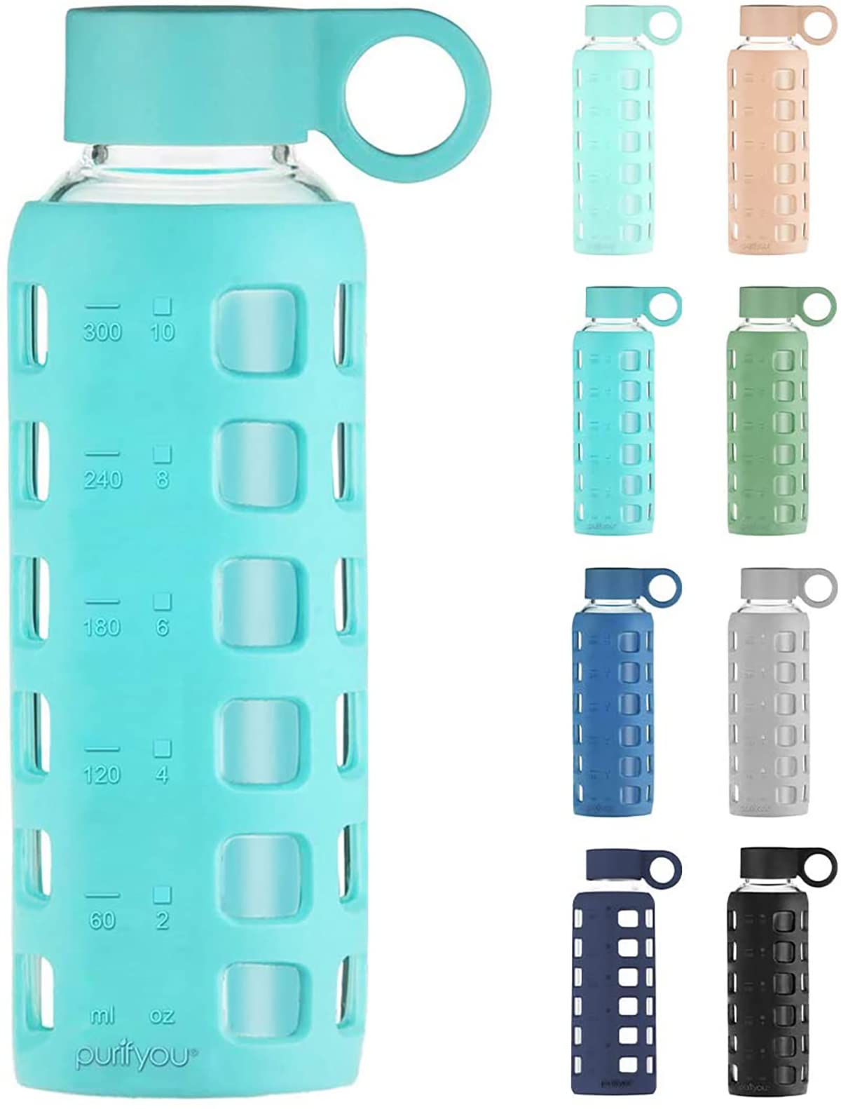 Purifyou Purifyou Premium 40/32 / 22/12 Oz Glass Water Bottles With Volume & Times To Drink Silicone Sleeve & Stainless Steel Lid Insert Reusable Bottle For Fridge Water Milk Juice (32oz Shale