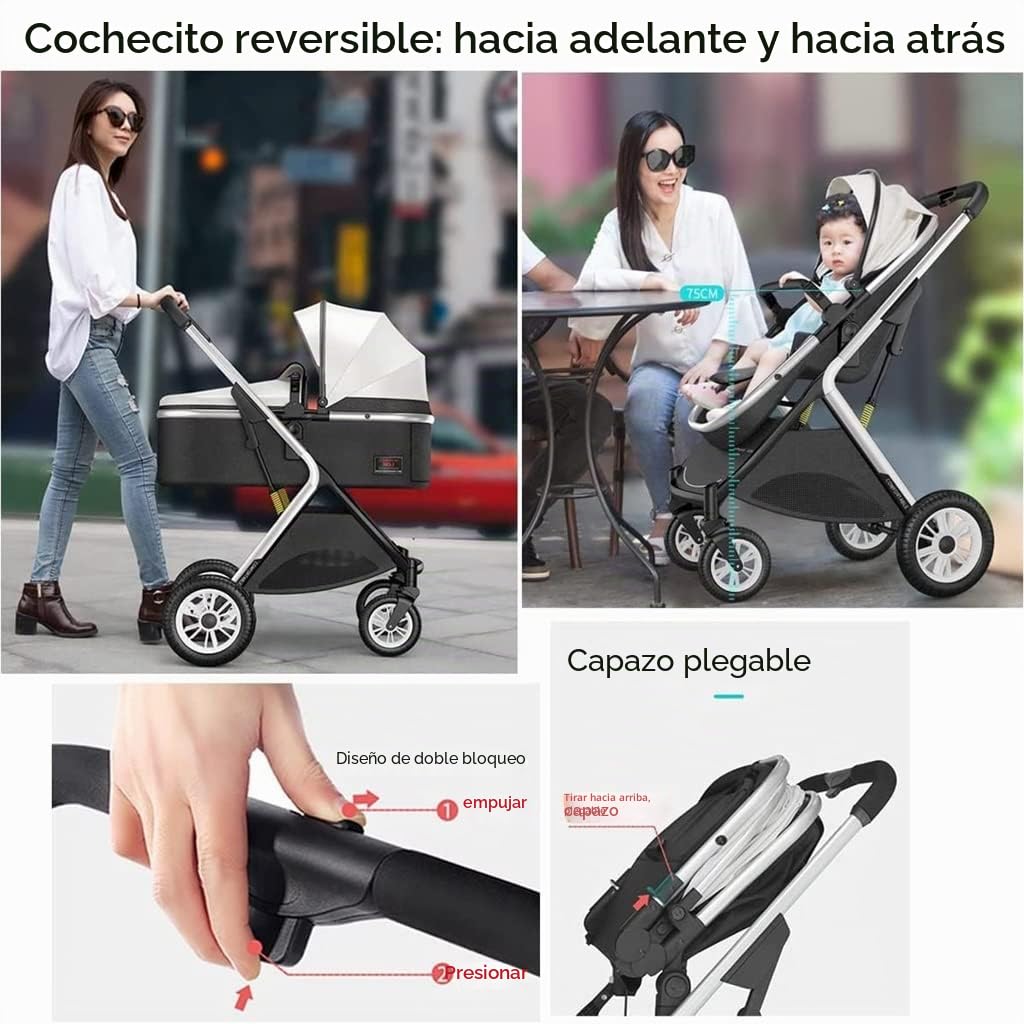 Cochecito para bebés gemelos, cochecito doble para bebés, cochecito para niños gemelos lado a lado, cochecito doble plegable tándem de asiento doble con paisaje alto plegable (Oro)