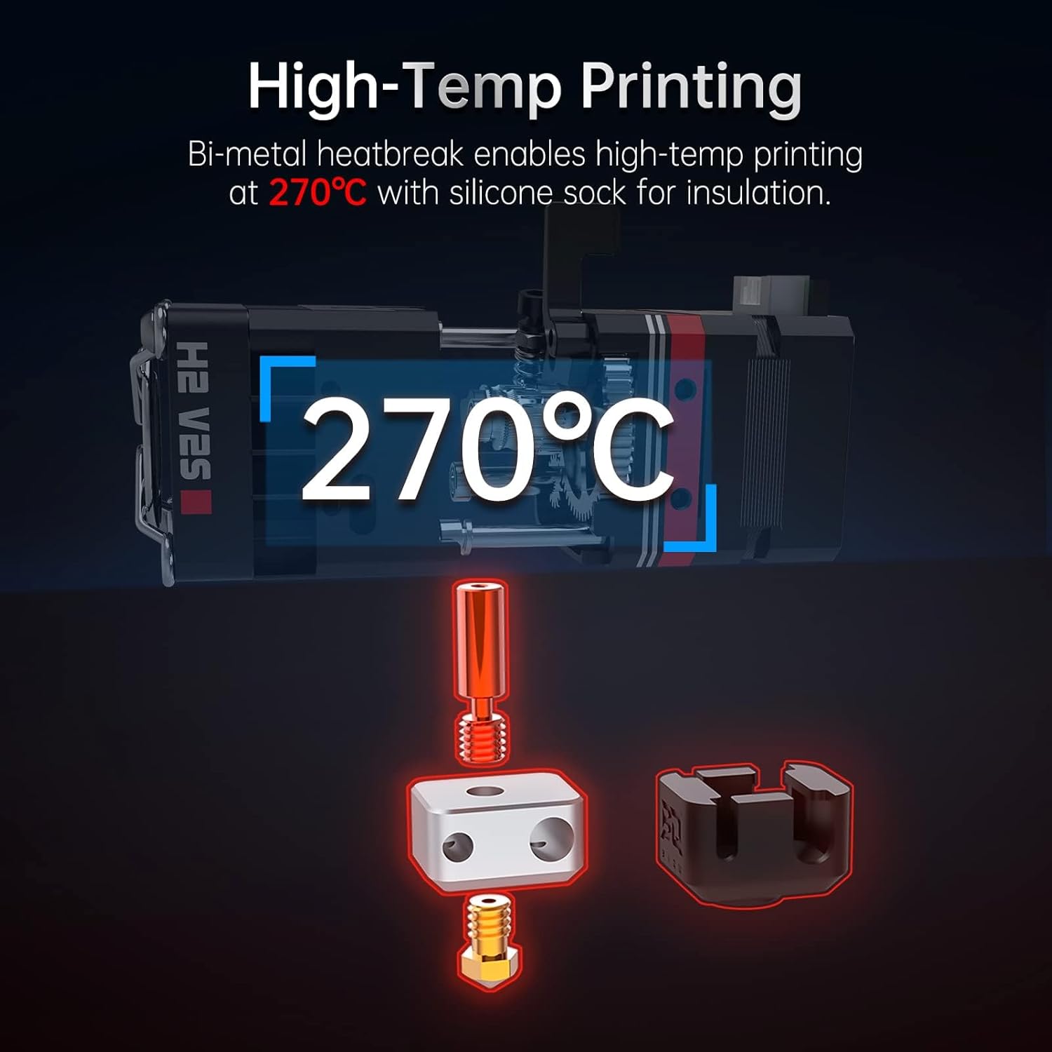 Diagram illustrating the bi-metal heatbreak and 270°C high-temperature printing capability of the BIQU H2 V2S Extruder.