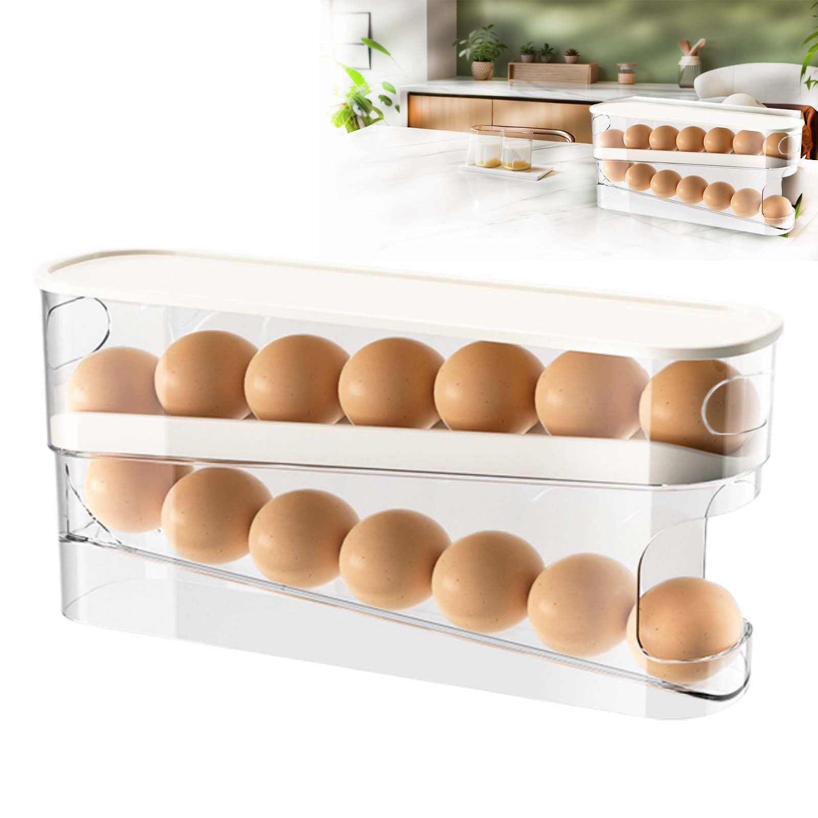Egg Holder for Fridge, Automatic Rolling Egg Organizer Storage Container for Refrigerator Stackable 2-Layer Tray Bin with Lid Clear Plastic Egg Holder