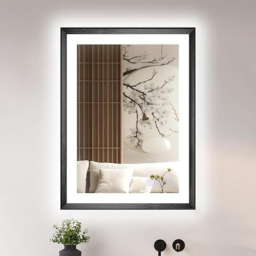 Miniatura 13 de Espejo de baño LED de 40 x 30 pulgadas con luces, marco de aluminio negro, antivaho, atenuación continua, espejo de tocador inteligente de 3 colores