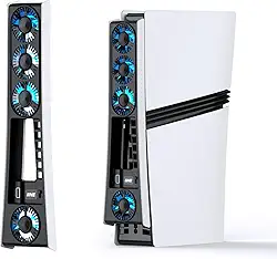 Ventoinha de refrigeração para PS5 Pro, ventoinha térmica eficiente com velocidade ajustável/luz LED, acessórios de refrigeração PS5 PRO com temperatura controlada com porta USB 3.0