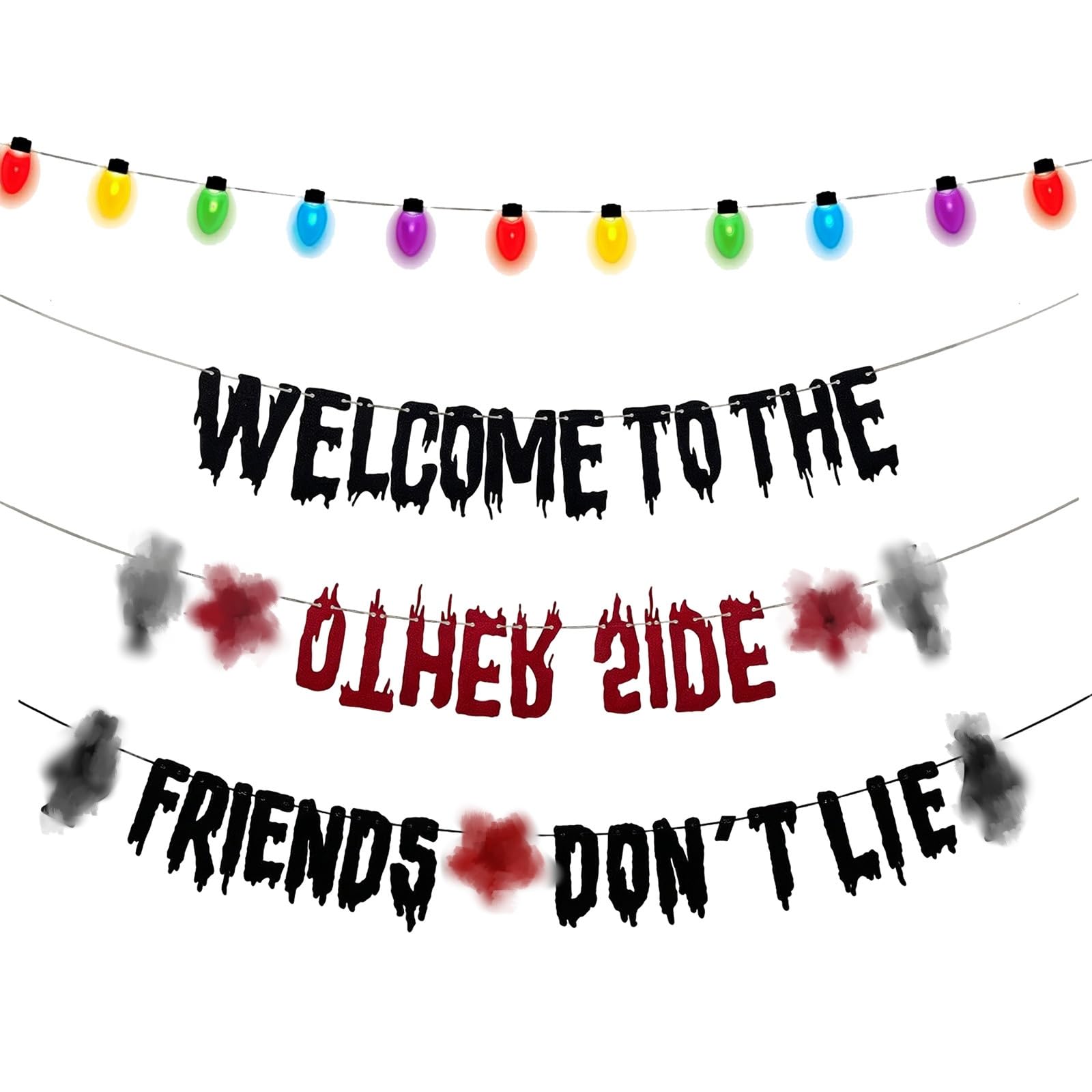4PCS Spooky Themed Banner Set, Glitter Party Decorations with Welcome to the Other Side and Friends Don't Lie Banners, Kids Birthday Banner Decor for Theme Party Halloween Gathering Supplies