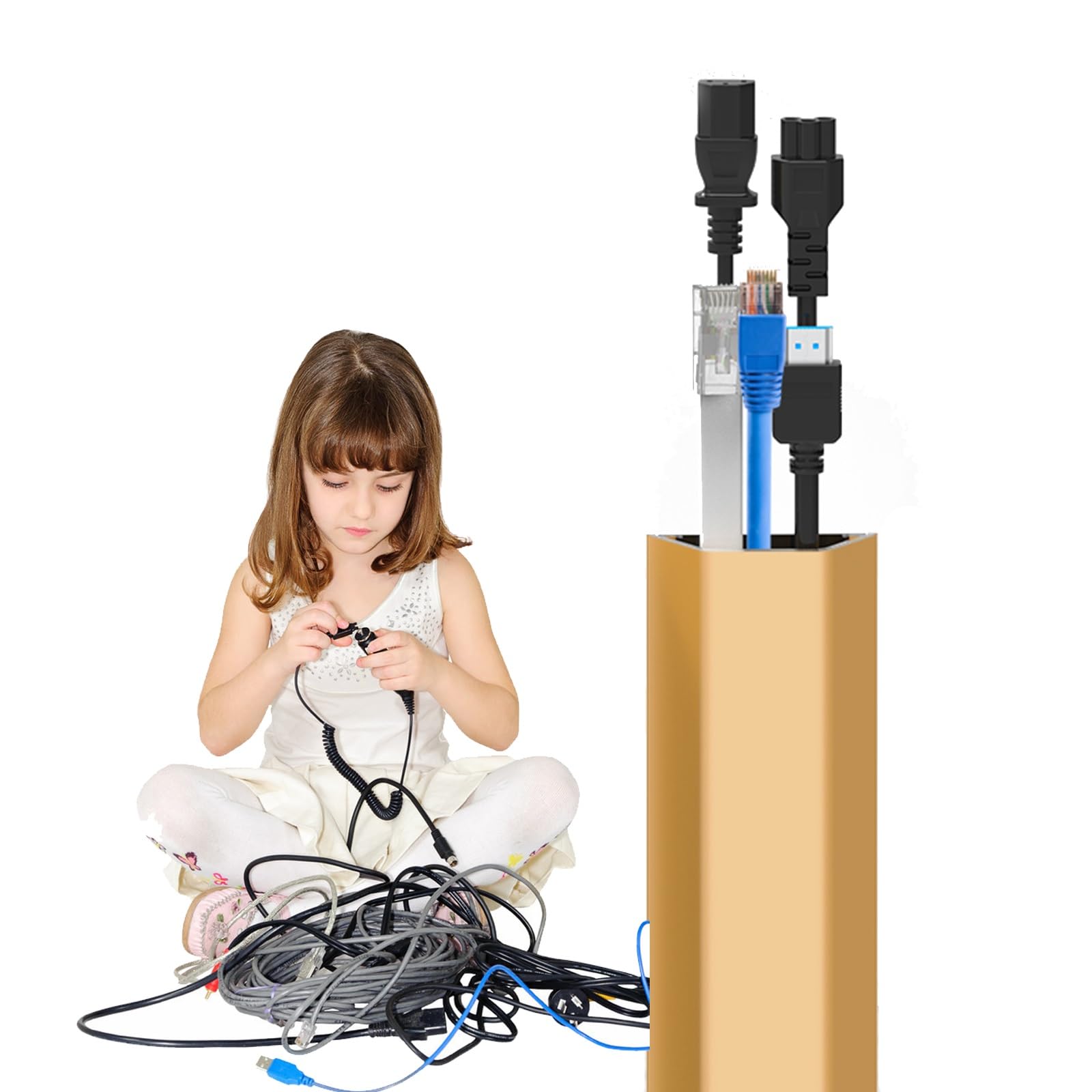 Canaleta Cable Corrector de Cables Largo de 1, 1,5 y 2 M, Cubierta Protectora para Cables Ethernet, Suelo Debajo del Escritorio, canaleta para Cables(Gold,L 1.5m - w 15mm)