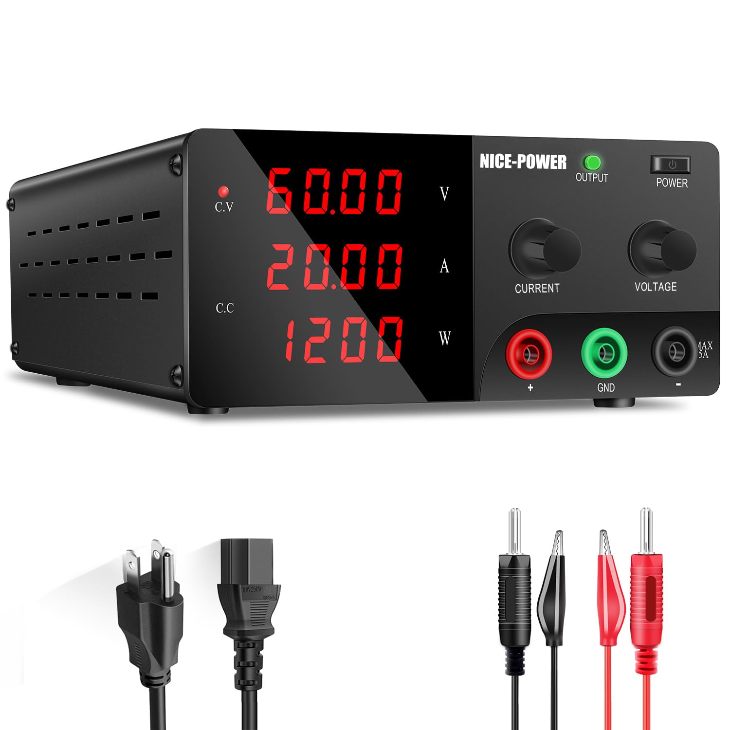 NICE-POWER DC Power Supply Variable, 0-60V 0-20A 1200W High Power Bench Power Supply with Encoder Knob & Output Switch, Benchtop Adjustable Switching Regulated Power Supplies for Repair Test