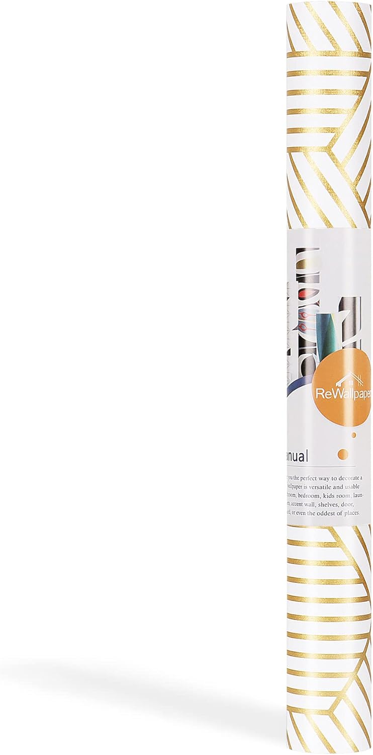ReWallpaper Gold Peel and Stick Wallpaper Modern Geometric Wallpaper White and Gold Striped Hexagon Contact Paper for Cabinets Bedroom Kitchen Furniture Desk Removable Vinyl Rolls for Craft 17.7"x79"