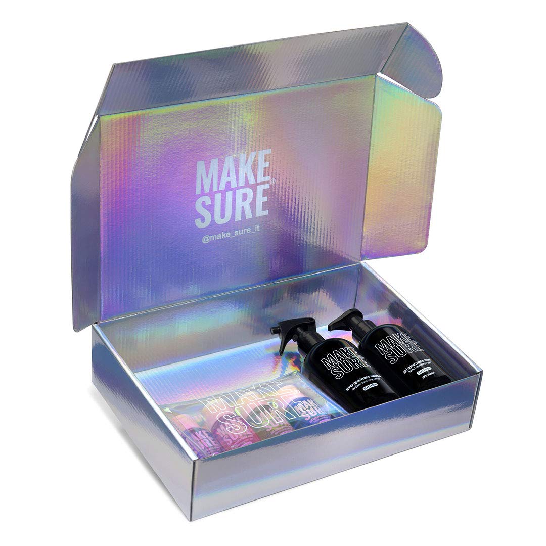 MAKE SURE Gel Igienizzante Mani 70% Alcool + Spray Igienizzante Superfici - Profumazioni assortite, MAGIC BOX 4x50 ml + 2x300 ml + BOX OLOGRAFICA