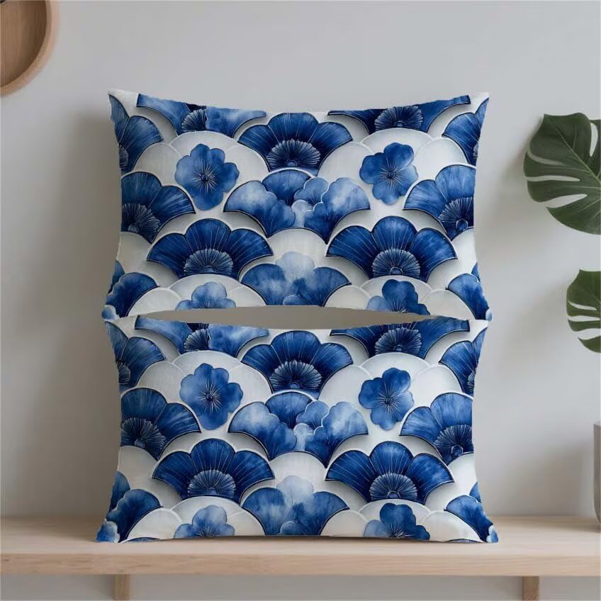 Housse de coussin lin impermeable 50x70cm avec impression double face bleu blanc