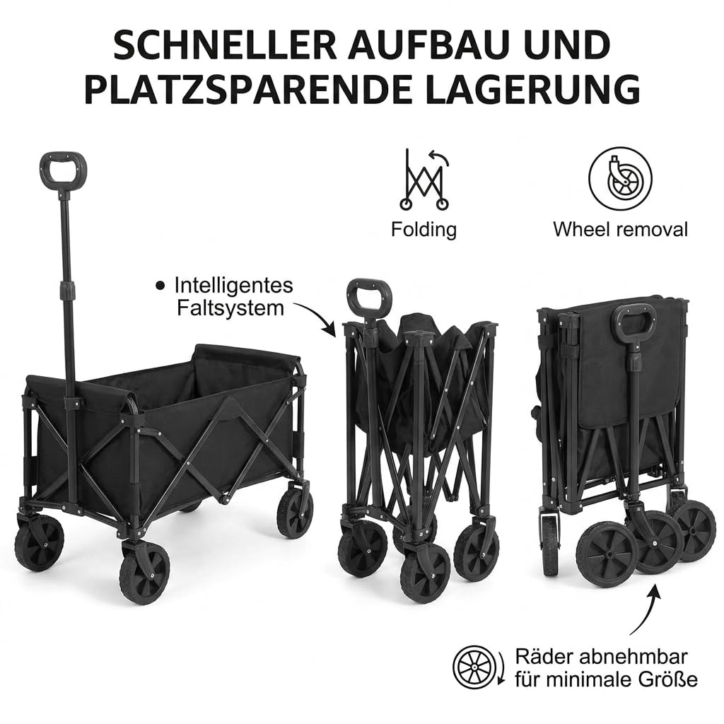 Faltbarer Bollerwagen mit Rädern Leichter Tragbarer Handwagen aus Stahl für Garten Camping Einkaufen Sport Strand Outdoor Transportwagen mit Großer Kapazität und Abnehmbarem Design Schwarz