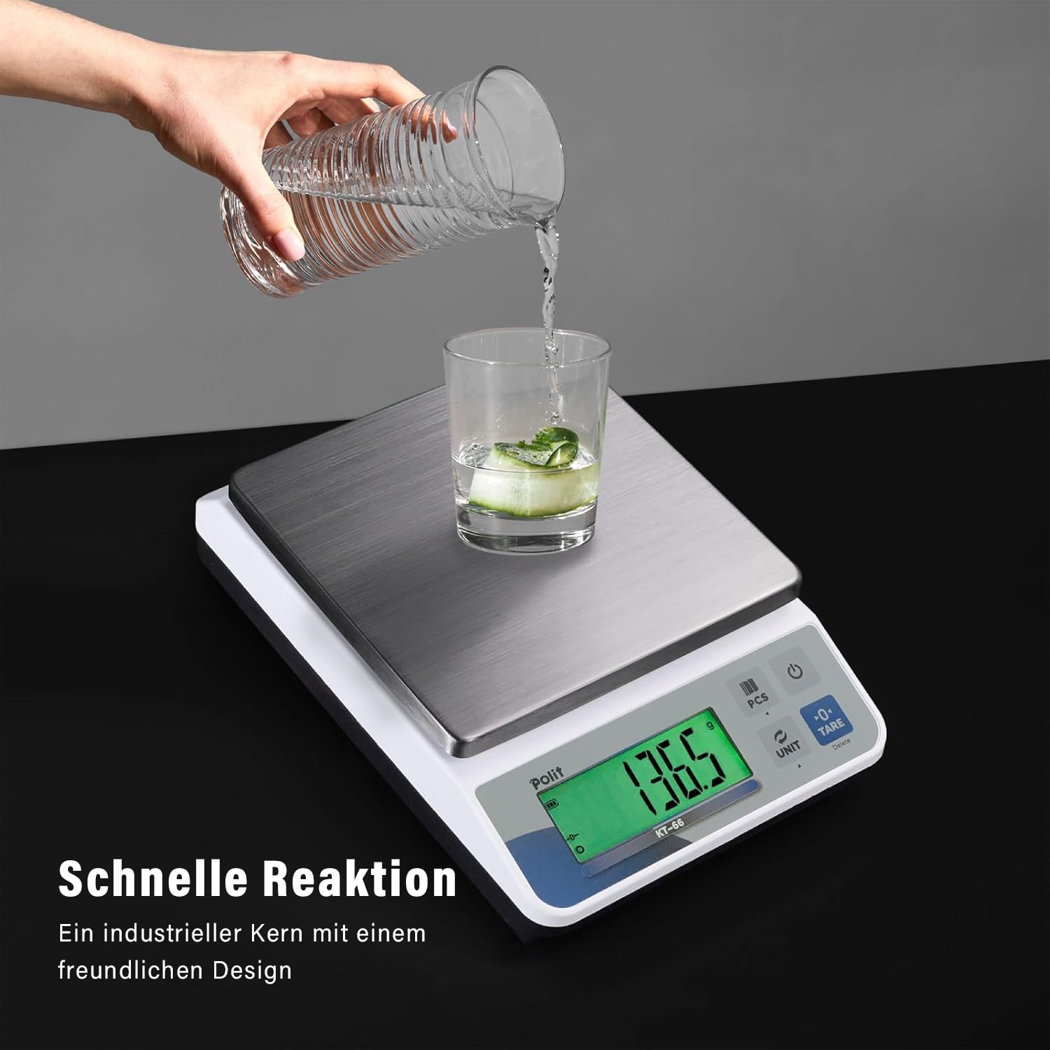 Polit Digitale Küchenwaage KT-66 3kg/6,6lb｜0,005oz/0,1g Präzision｜LCD-Display｜Batterie- oder Netzbetrieb｜Edelstahl-Oberfläche｜5 Einheiten für Küche, Backen & Versand