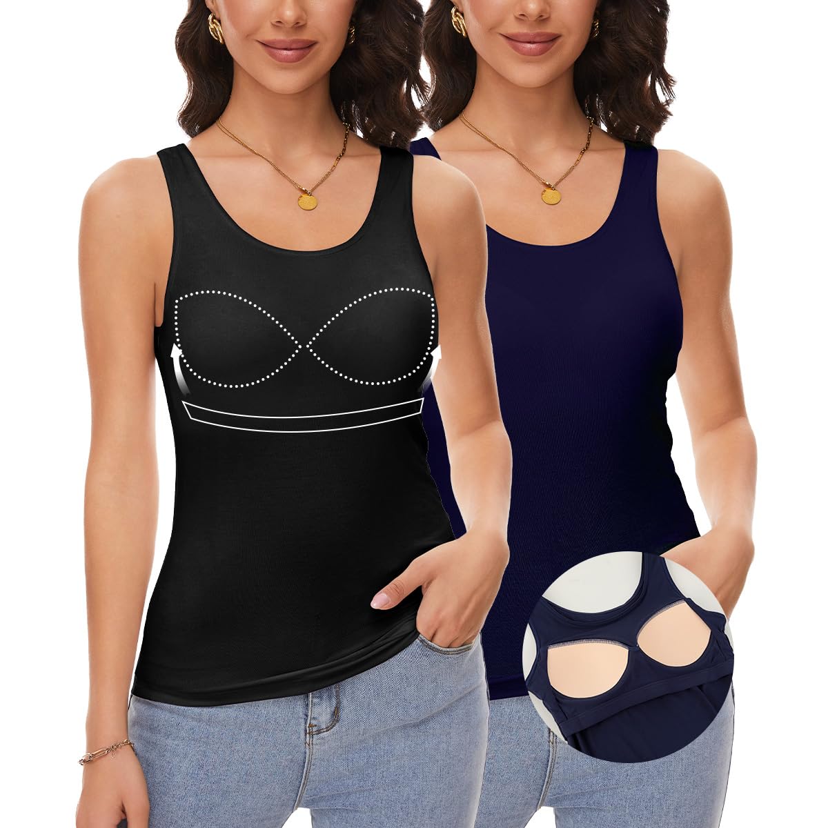 ANYFITTING Damen Unterhemd mit Integriertem BH Tank Top ärmellose Shirts Basic U-Ausschnitt Eingebauter BH Bügelloser Gepolstert Tank Tops Sommer Yoga S-3XL