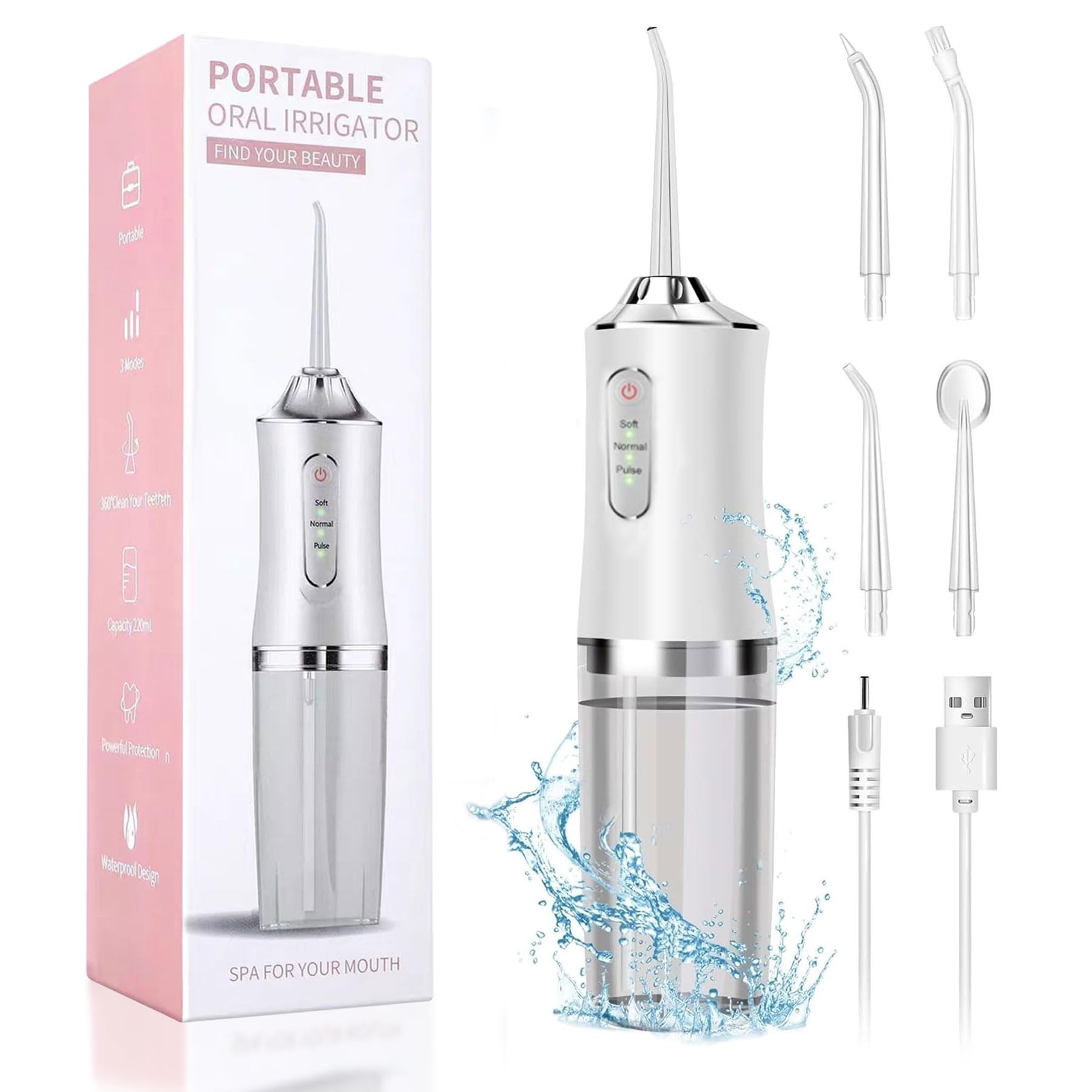MeYuxg Oral Irrigator, Wireless, Portable Electric Tooth Cleaner, 3 Modes & 4 Nozzles, IPX7 Waterproof, 220 ml, White
