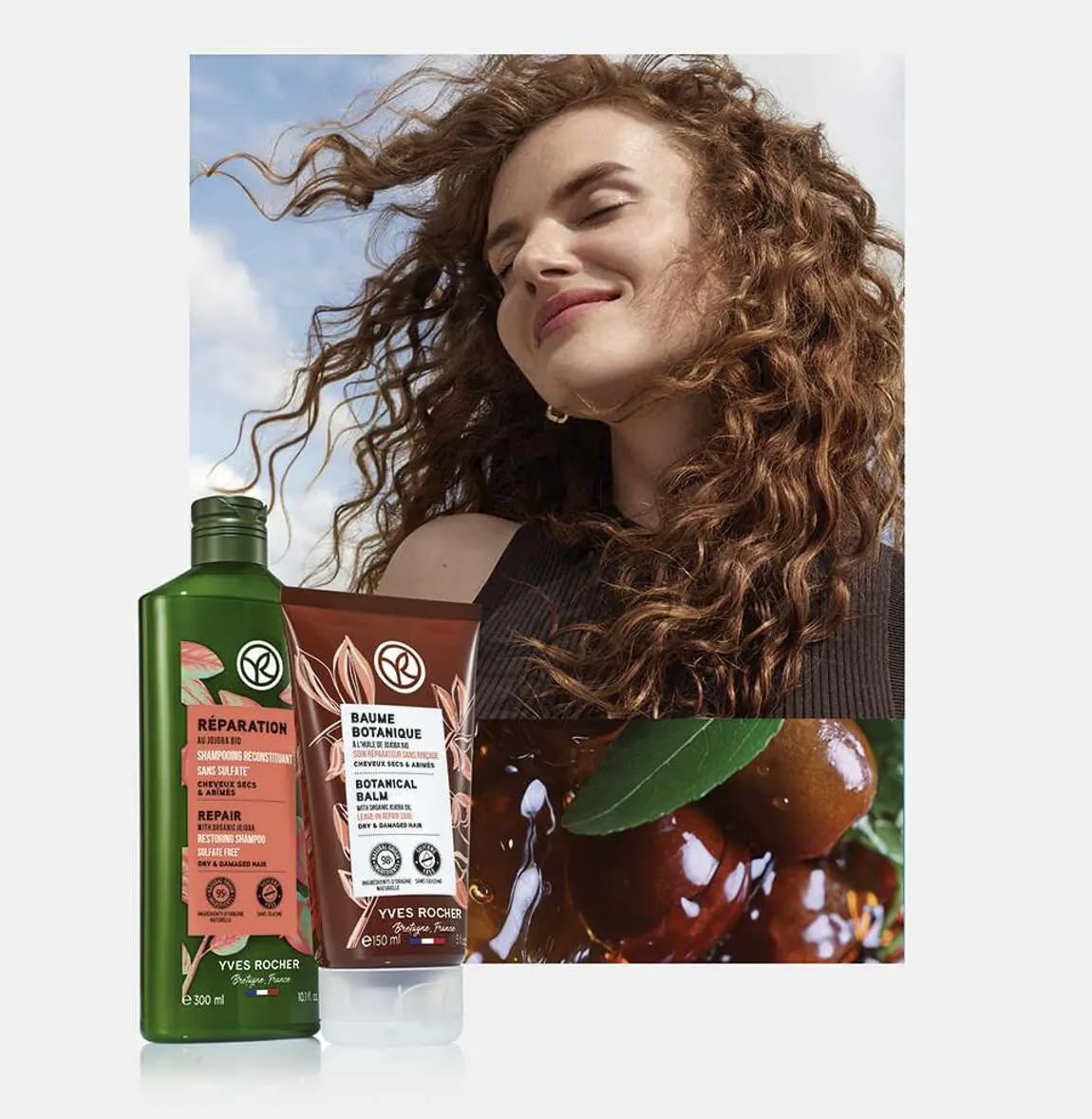 Yves Rocher Nourishing Jojoba Oil Hair Shampoo Anti Breakage Serum Set of 2 Silicone Free Hair Care 300 ml/10.1 fl oz 100 ml/3.4 fl oz