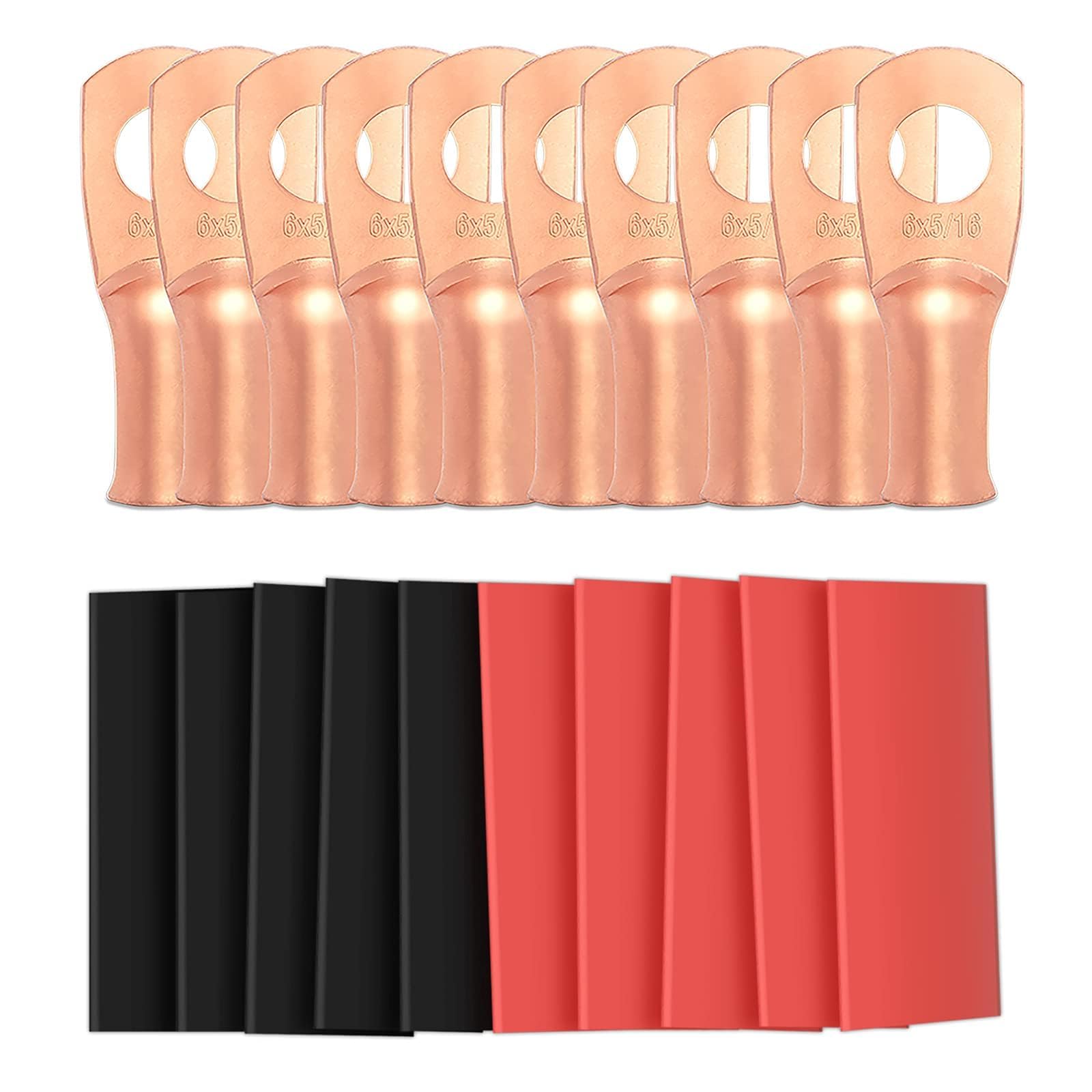 10pcs 6 Awg - 5/16" (M8) Sanuke Wire Lugs Ring Terminal Connectors Ends, Heavy Duty Wire Connectors for Battery Cable Lug Wire Electrical Eyelets with 3:1 Dual Wall Adhesive Heat Shrink