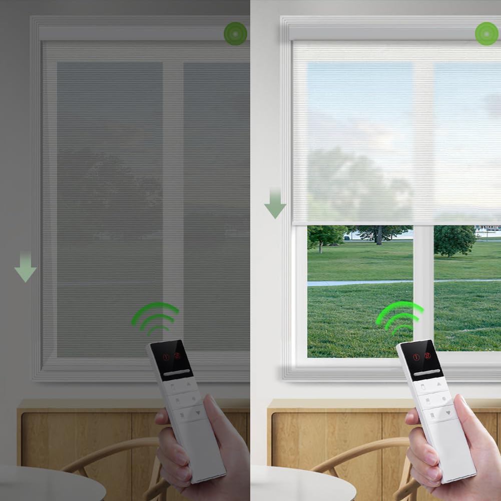 YESCENT Motorized Window Roller Blinds Rechargeable Electric Motor Solar Shades Transparent Sight Customized Size for Home Office Hotel Club Restaurant (82067E-White)