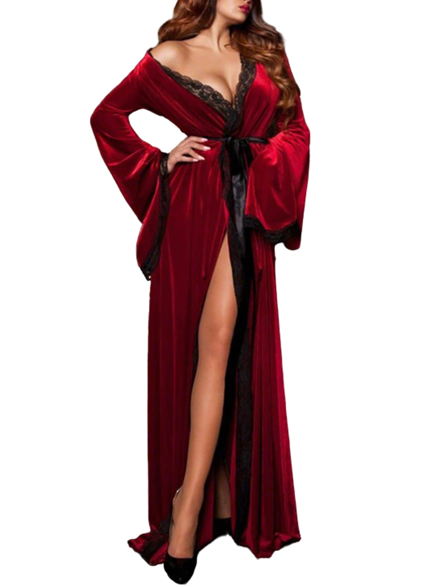Sexy outfit Damski bardzo długi aksamitny szlafrok kimono z koronkowym wykończeniem z paskiem elegancka przytulna bielizna nocna bielizna nocna miękki podomka pomysł na prezent