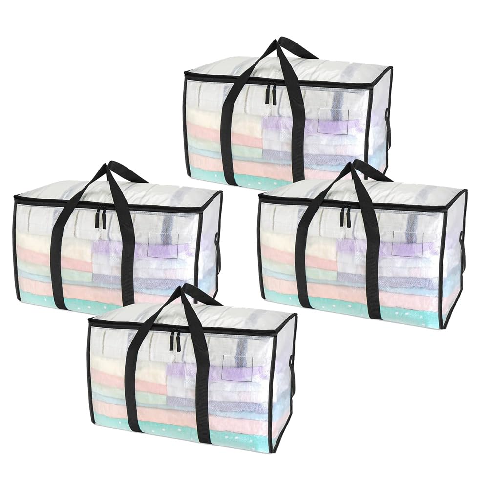 CTRLZS Clear Moving Bags Heavy Duty - 4 Pack 90L Storage Bags with Strong Handles, Zipper, Waterproof, Semi-Transparent