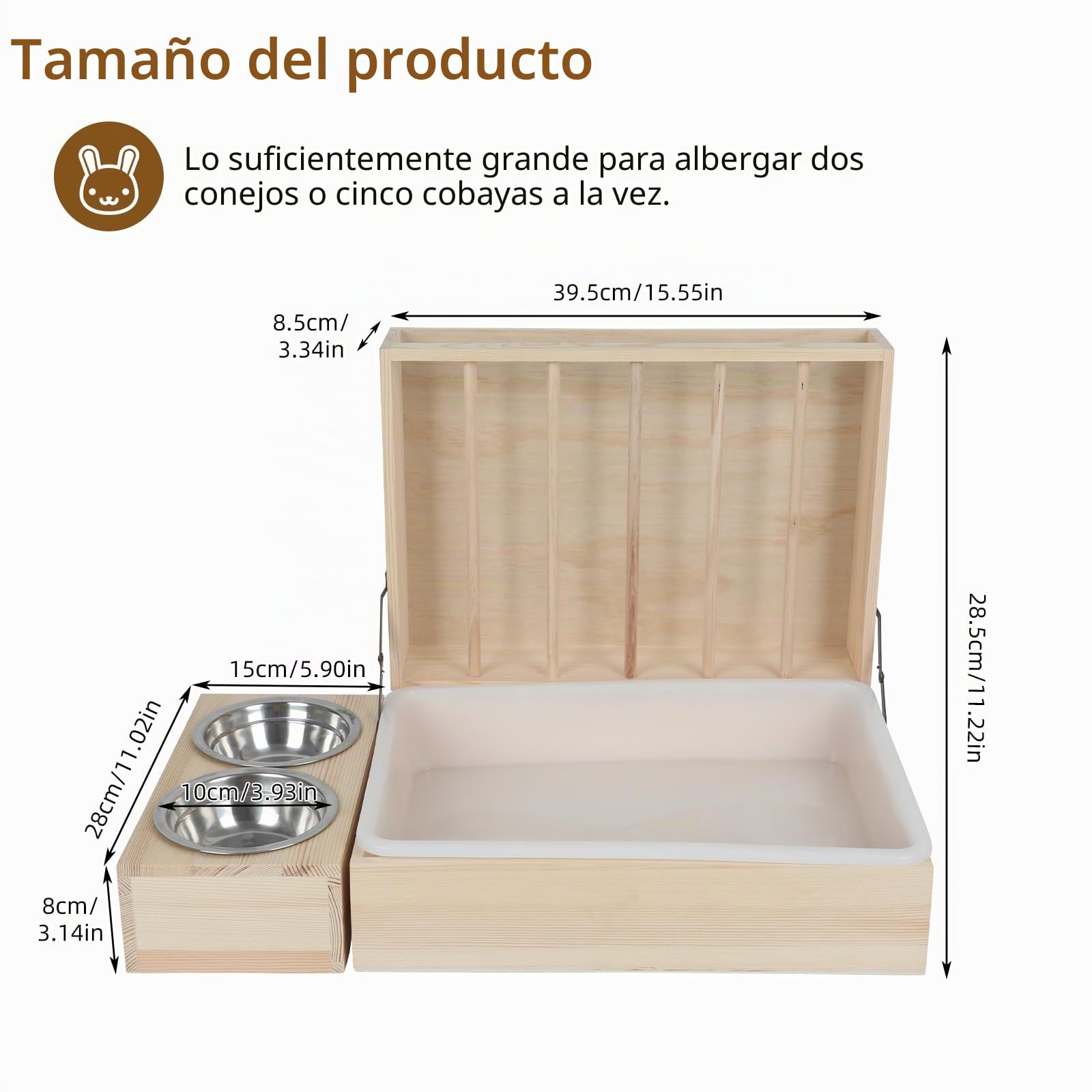 Dispensador de comida para heno de conejo, comedero de heno con caja de plástico para gatos, inodoro, cuencos y botella de agua, comedero de heno, conejo de madera para cobayas, hámsteres, animales