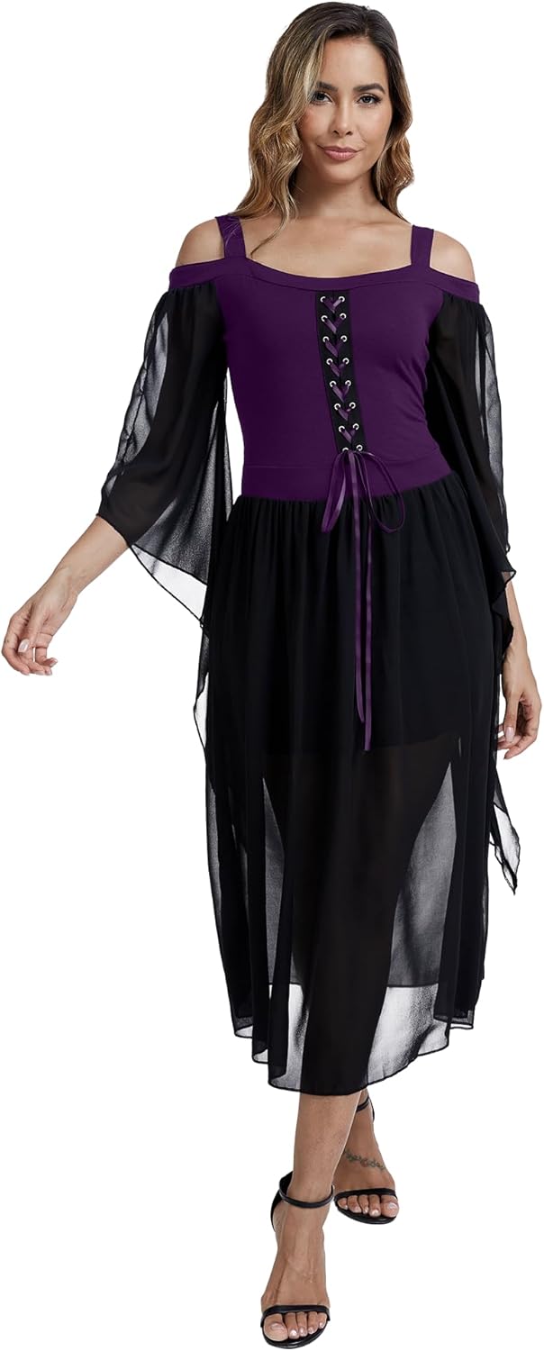 Women's Medieval Costume Dress, Renaissance Vintage Dress, Gothic Dress With Trumpet Sleeves, Halloween, Party - Image 3