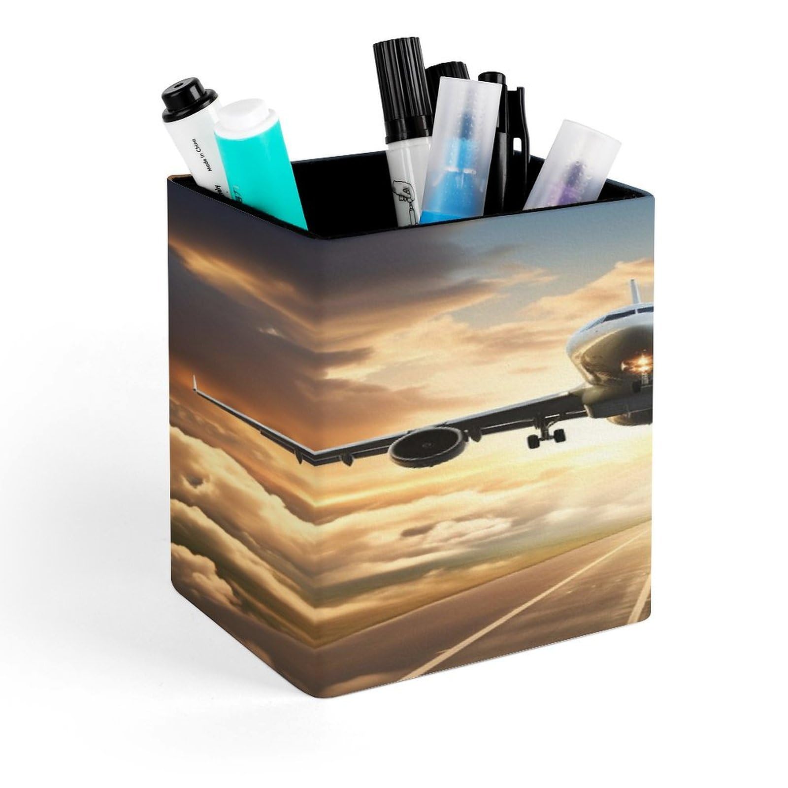 LZQPOEAS Airplane Square Pen Pencil Holder PU Leather Pencil Cup Desktop Stationery Organizer Office Accessories Container