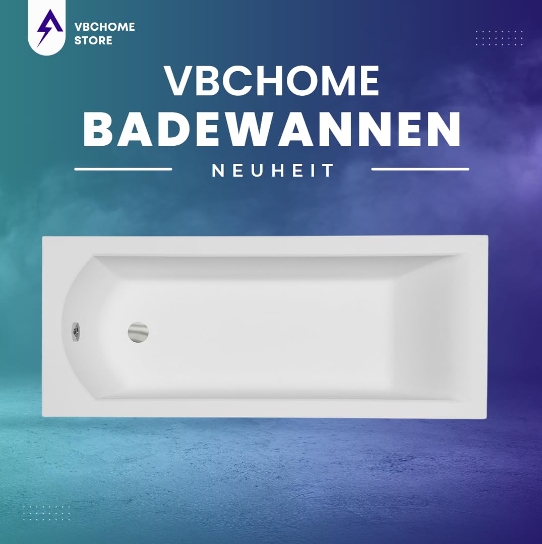 VBChome Bañera acrílica 140x70 cm, bañera rectangular blanca, sifón, patas de baño, diseño moderno, grifo de desagüe en cromo