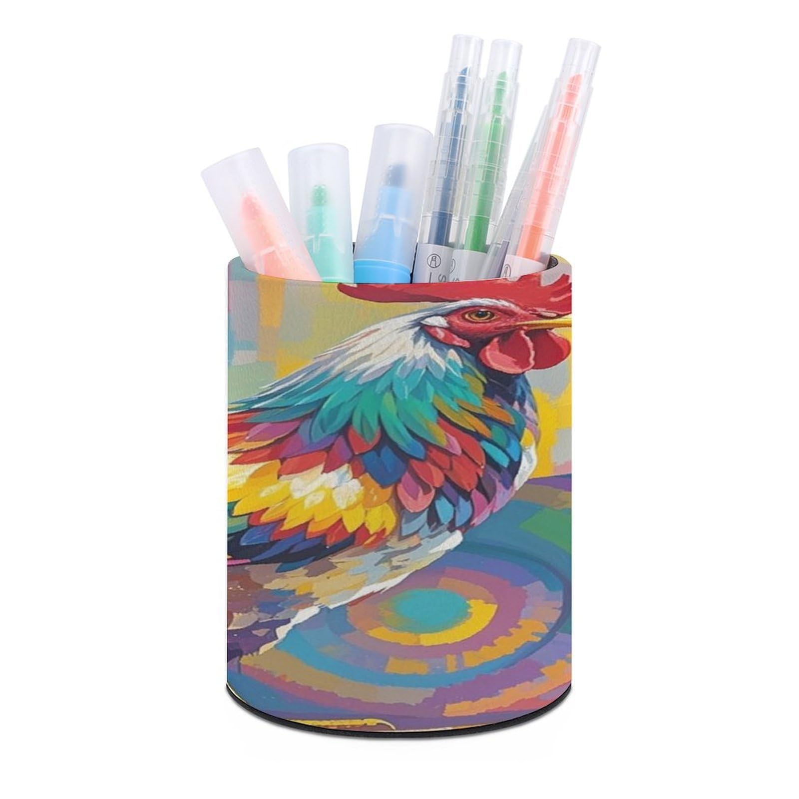 FekiLoot Art Chicken Pen Holder Cup Fashion PU Leather Pencil Cup Minimalist Pen Organizer Round Pencil Holder Stand Work Locker Accessories for Decoration Desk Office Home