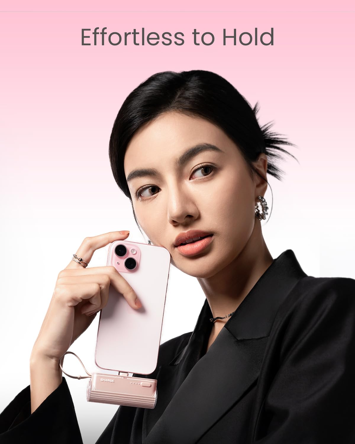 SHARGE Flow Mini cargador portátil, mini banco de energía de 5000 mAh con enchufes dobles y cable integrado, batería externa USB-C Lightning para iPhone 16, 15, 14, Galaxy S23, Note20