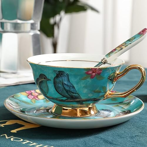 Pfedxoon Taza de té de porcelana de hueso con cuchara, juego de 3 piezas (7 onzas), tazas de capuchino, tazas de café, juego de tazas de té, tazas