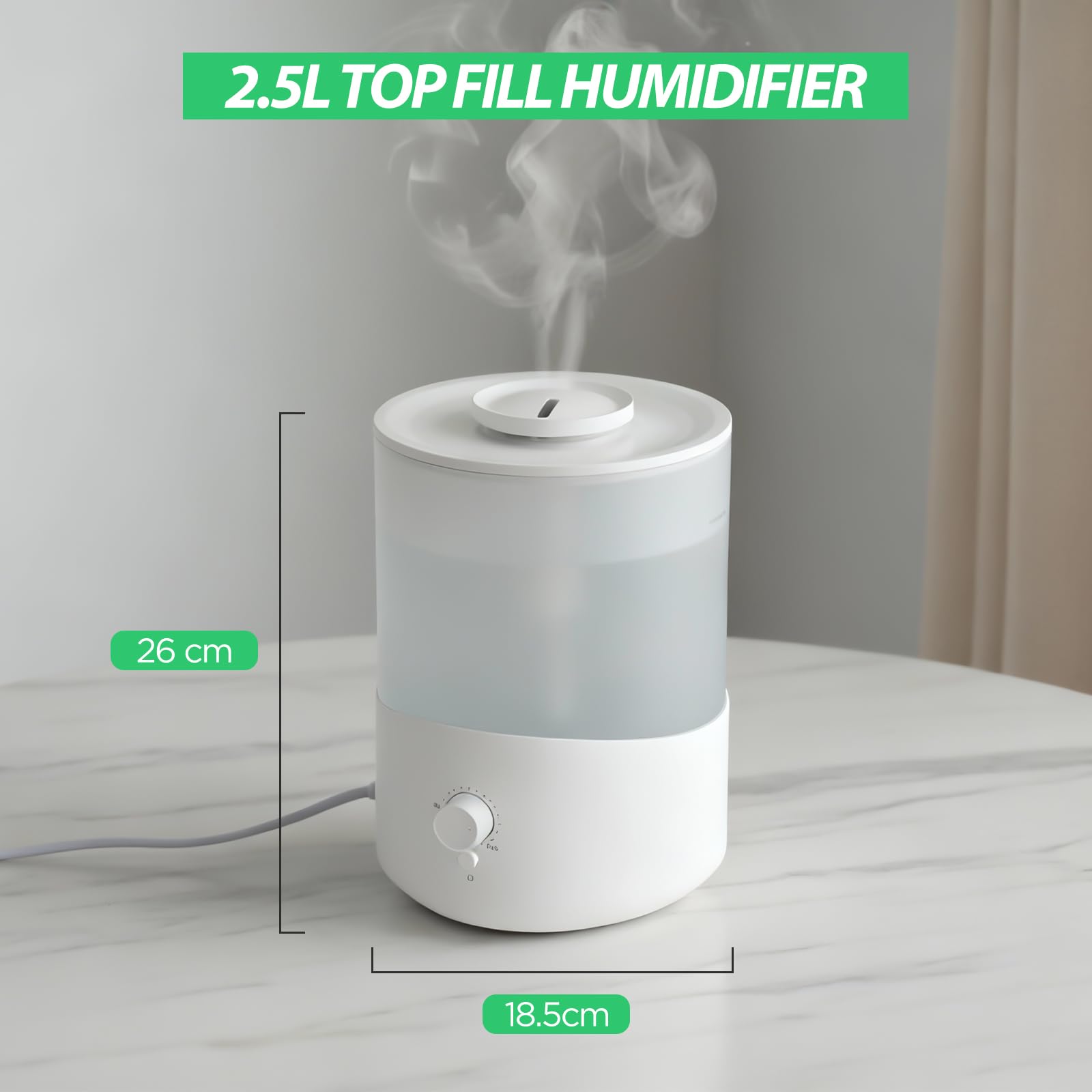 Cozary Humidificateur d'Air Chambre 2.5L Top-Fill, 28H Diffuseur d’Huiles Essentielles, Arrêt Automatique, 23 dB Silencieux, 7 Color Light, Buse à 360°, pour Chambre à Coucher,Chambre Bebe,Plantes