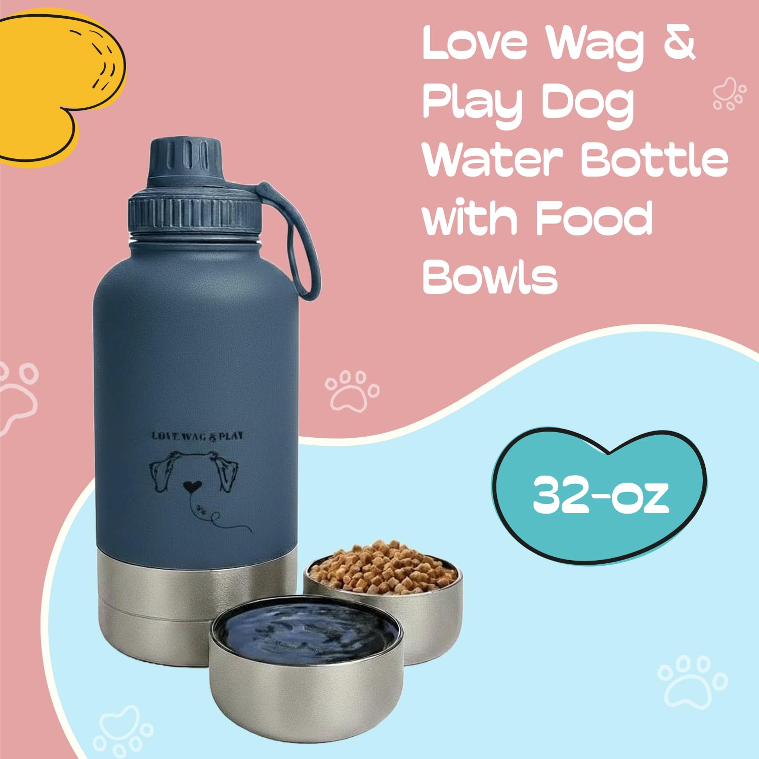 LOVE WAG & PLAY Borraccia per cani da 32 once – Borraccia portatile 2 in 1 per animali domestici, con ciotole integrate, a prova di perdite, senza BPA, per escursioni, passeggiate, uso esterno (blu