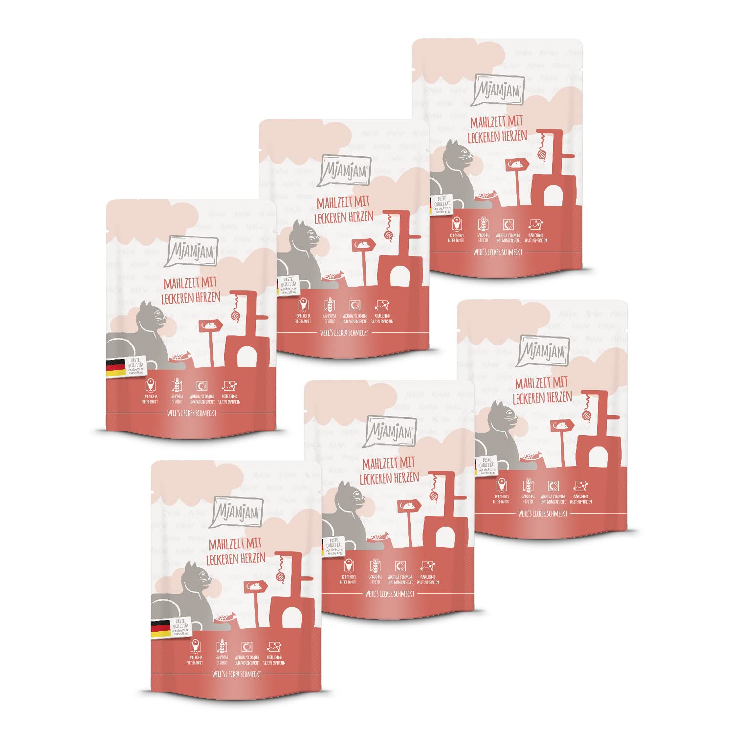 MjAMjAM - premium wet food for cats - Quetschie meal with delicious hearts, pack of 6 (6 x 300 g), grain-free with extra meat