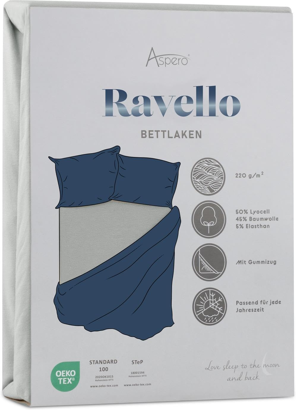 Spannbettlaken aus weichem Lyocell-Baumwoll Material mit 35 cm Steghöhe - atmungsaktives Spann-Betttuch Baumwoll-Bettlaken Laken Farbe 1 x Hellgrau Größe 180-200 cm x 200 cm x 35 cm
