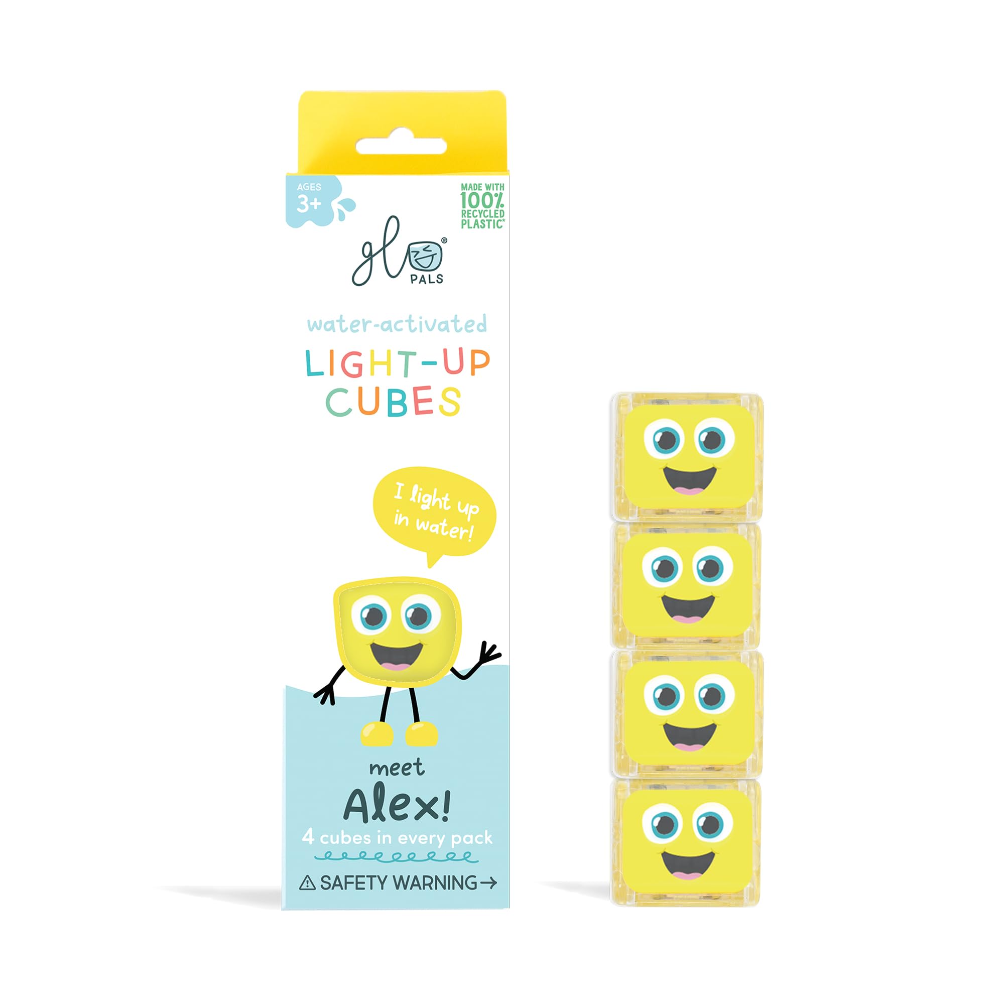 Glo Pals, Set 4 Cubi Luminosi Alex, Giochi da Bagnetto per Bambini da 3 Anni di Età, Aiuta lo Sviluppo Sensoriale e Cognitivo, con Illuminazione Automatica, Giallo