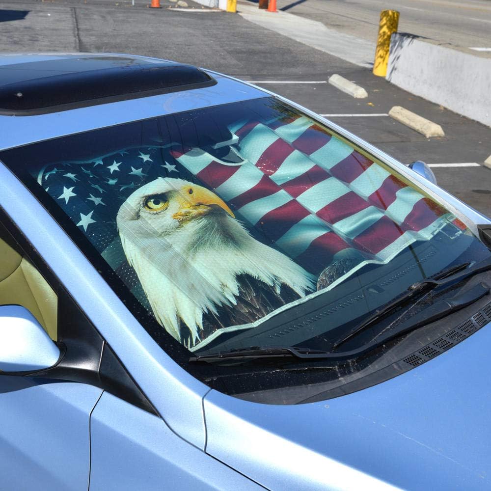 BDK Patriotic USA Eagle Flag Front Windshield Sunshade-Accordion Folding Auto Shade for Car Truck SUV-Blocks UV Rays Sun Visor Protector-Keeps Your Vehicle Cool-58 x 28 Inch