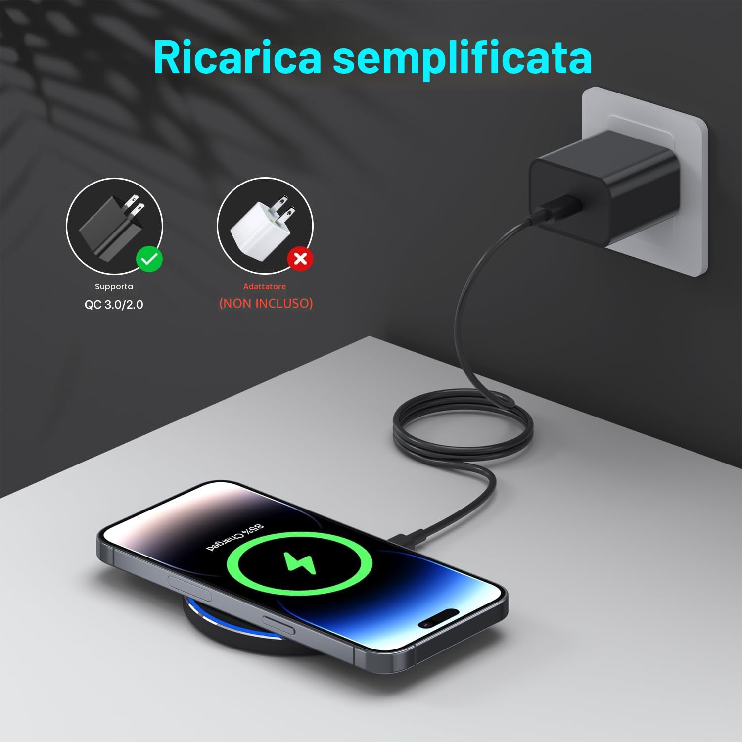 Caricatore Wireless Charger, 20W Max Caricatore Senza Fili Portatile Rapida Caricabatterie Wireless per Apple iPhone 16/15/14/13/12/11/SE/X/8, Caricatore per Samsung Galaxy S23 S22 S21, Pixel, Huawei